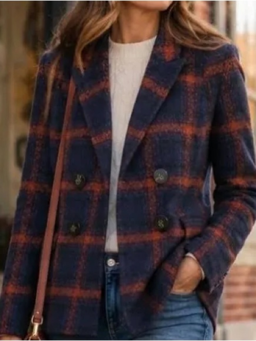 CAbi Navy and Rust Plaid Double-Breasted Blazer